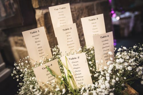 Names on Table Cards at a Wedding