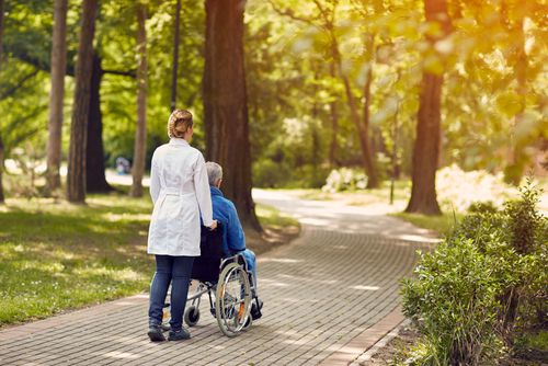 Woman Pushing Older Person in a Wheelchair